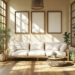 Fototapeta premium Bright living room interior with frames and bohemian style