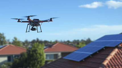 k. Autonomous drone hovering over a suburban rooftop, repairing solar panels under a clear blue sky, efficient modern tech 