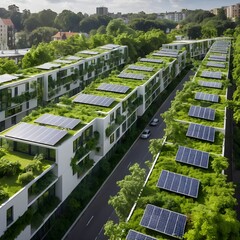 Eco-Friendly Apartment Complex with Solar Panels and Green Roofs