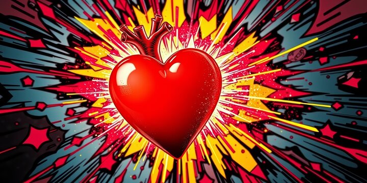 Vibrant red heart exploding with colorful energy against a comic book backdrop, texture, design