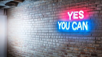 Obraz premium Motivational neon sign on brick wall: yes you can 