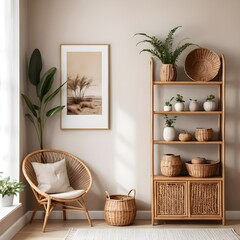 Cozy Bohemian Living Room Interior with Rattan Furniture and Plants