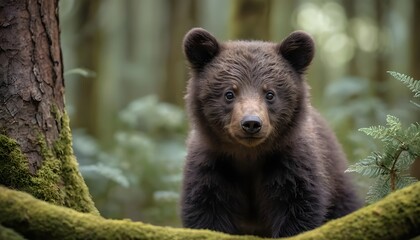 Obraz premium Adorable Brown Bear Cub in Forest