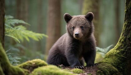 Obraz premium Adorable Brown Bear Cub in Mossy Forest