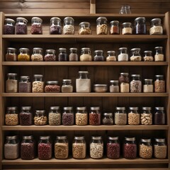 Organized Pantry with Variety of Grains and Legumes in Glass Jars
