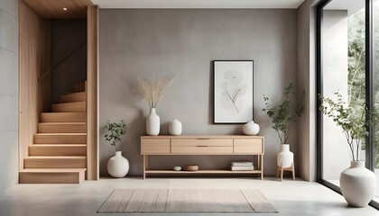 Minimalist Modern Living Room Interior with Wooden Staircase