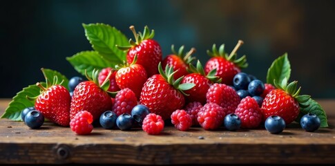 Vibrant still life painting of assorted berries on a rustic wooden table, rustic, assorted, wooden table