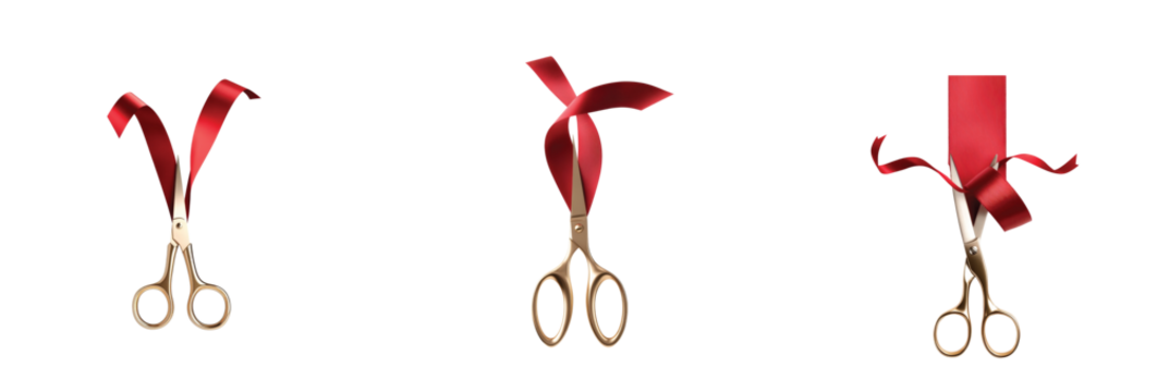Gold scissors cutting red ribbon in different stages of a classic ceremony event