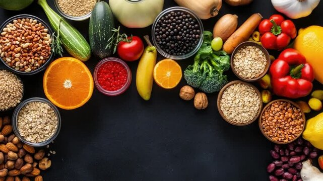 Vibrant and Fresh Organic Fruits and Vegetables with Nuts and Seeds on Dark Background for Healthy Eating Concept