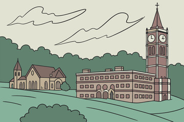 A picturesque campus with iconic clock towers, historical buildings, and peaceful greenery, perfect for representing academic or collegiate settings