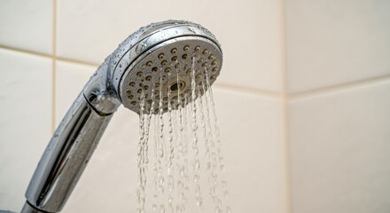 Close-up of water flowing from silver showerhead in bathroom setting