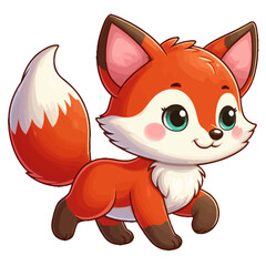 Obraz premium Charming cartoon illustration of a cute red fox with big, adorable eyes, white markings, and a playful expression, taking a step. Represents adorable animals, woodland wildlife, and children's themes.