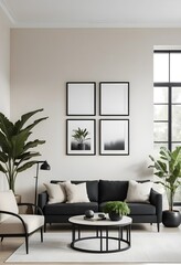 Modern Living Room Interior Design with Black Sofa and Greenery