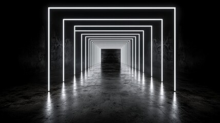 A black and white tunnel with white lights.