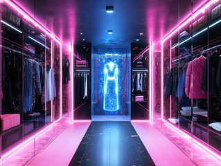 w. Fashion-tech digital closet with glowing holograms for outfit selection, sleek mirror walls and ambient lighting 