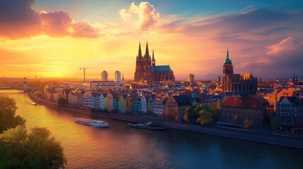 Fototapeta premium Panoramic city skyline at sunset over a river. Colorful buildings, cathedral, and boats