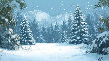 Serene winter landscape with snow-covered trees and distant mountains under a gentle snowfall