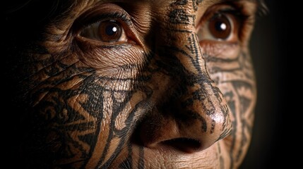 Obraz premium CloseUp Face of Tribal Indigenous Elderly Woman with Traditional Tattoo with Black Background