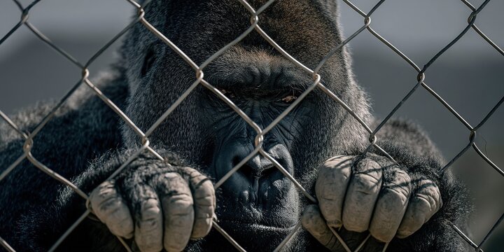 Captive Gorilla Closeup Portrait Holding Metal Fence Grabbing Bars with Stressed Eyes