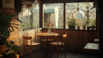 A cozy wooden cafe interior with a small table and chairs