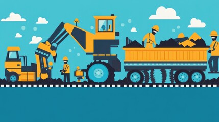 Construction site activity with machinery transporting materials and workers on bright background