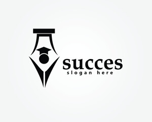 education, succes logo, person wearing graduation cap inside pen tip, logo design inspiration