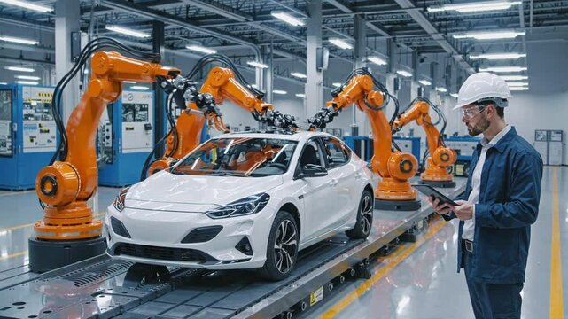Male engineer in blue coveralls and white hard hat monitors robotic arms assembling white electric sedan on production line