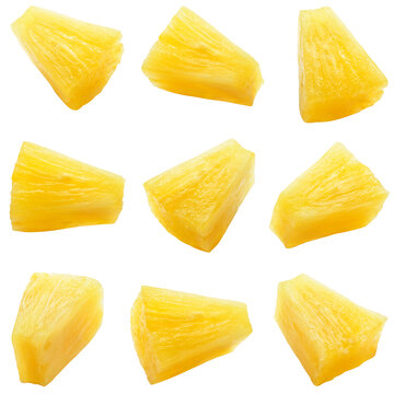 Pineapple isolated png. Canned pineapple slice on transparent background. Cut pineapple no background top view. Pineapple chunk transparent png. Full depth of field.