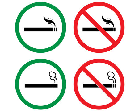 No smoking area and smoking area sign in green and red. No smoking. ban symbol. No smoking symbol. No smoke circle in red. forbidden icon. stop symbol icon set.