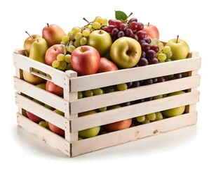 Wooden Crate of Fresh Apples, Pears, and Grapes