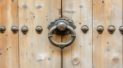 Vintage wooden door with metal handle and studs