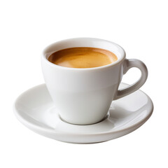 Classic espresso coffee in a white porcelain cup with saucer, isolated on white