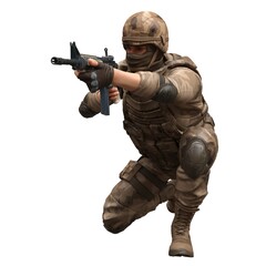 Soldier with a machine gun isolated white background 3d illustration