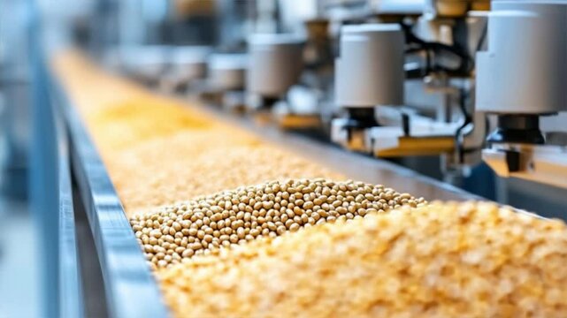 Close-up of soybeans on a conveyor belt in a processing plant, showcasing the efficient agricultural production.