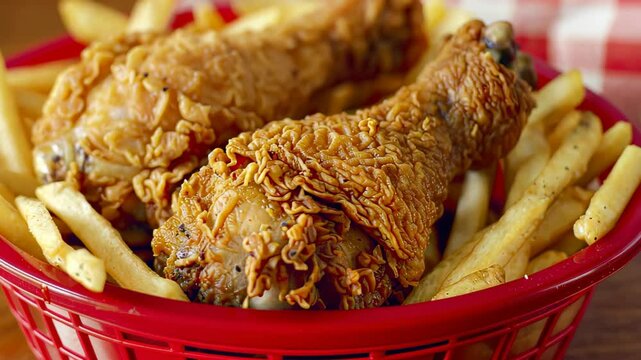 Crispy Fried Chicken Drumsticks with Golden French Fries in Red Basket - Comfort Food, American Cuisine, Close-Up, Delicious Meal for Fast-Food Lovers, Perfect for Restaurant Menus and Food Modern Blo