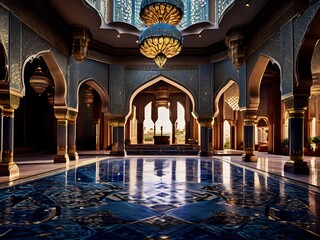 Grand Interior of a Palace with a Pool and Intricate Decor
