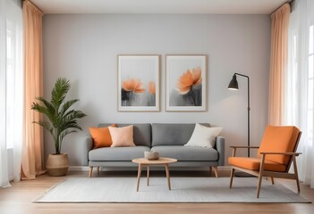 Modern Living Room Interior with Gray Sofa and Orange Accents