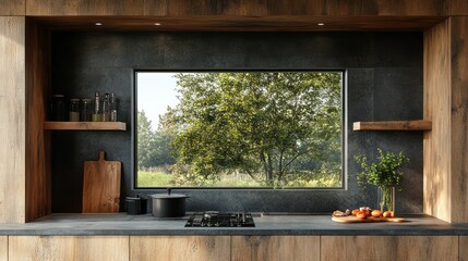 Rustic kitchen showcasing a window view to the outdoors