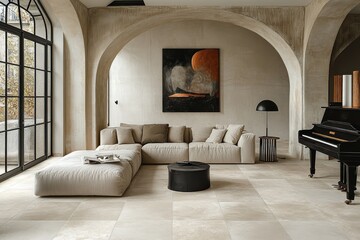 Fototapeta premium Modern living room with large beige floor tiles, white walls, black piano, gray sofa, cream armchair, and an oil painting.