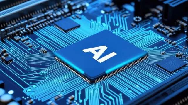 Close-up of a microchip with AI branding, representing advanced technology and innovation in computing.