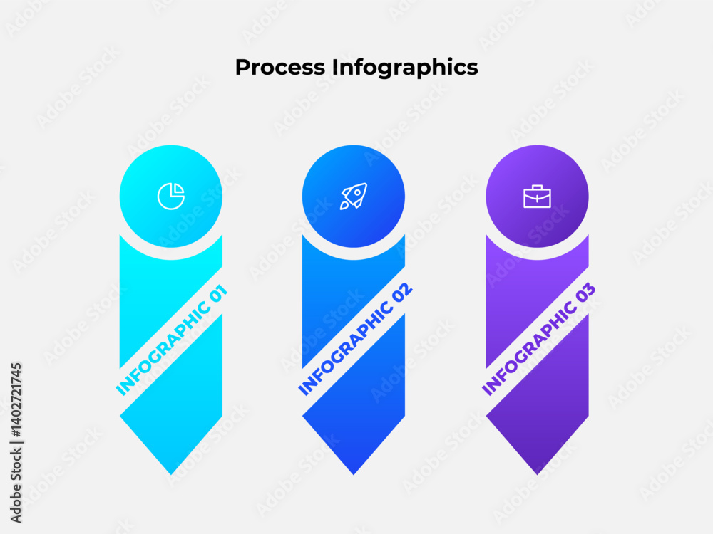 Poster Flat style infographic illustration representing a process flow with three vertical arrows steps in colorful labels