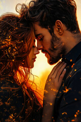 A romantic oil-painting-style digital illustration of a couple embracing, with glowing golden sparks surrounding them