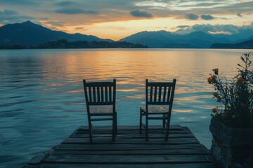 Naklejka premium two wooden chairs standing on a wooden pier facing the lake in the rays of the setting sun.