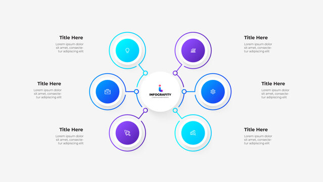 Colorful infographic design with circular nodes connected by lines, representing various concepts suitable for presentations, statistics, or data visualization in business and creative industries