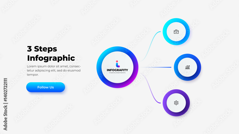 Leinwandbilder Infographic showcasing a three step business workflow with gradient circular elements and icons. Ideal for corporate visual presentations, data overviews, and workflow documentation