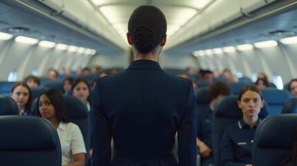 Fototapeta premium Back View of Flight Attendant Standing in Airplane Aisle, Professional Airline Cabin Scene