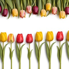 Fototapeta premium Colorful Tulips Border on White Background