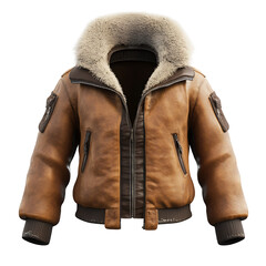 Detailed Brown Leather Bomber Jacket with Fur Collar, Ribbed Cuffs, and Black Background for Fashion Design Resources