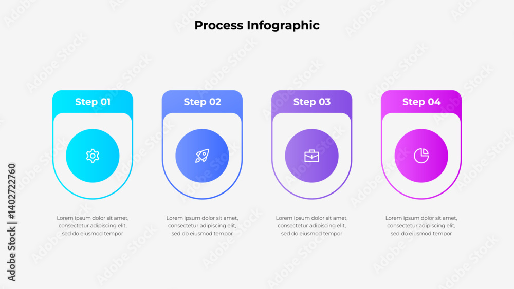 Poster A visually appealing process infographic showcasing four steps with gradient colors and icons, ideal for business, presentations, and workflow visualizations