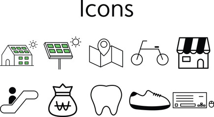 Minimalist Collection of Black and White Line Icons for Eco, Travel, Business, and Daily Life Concepts